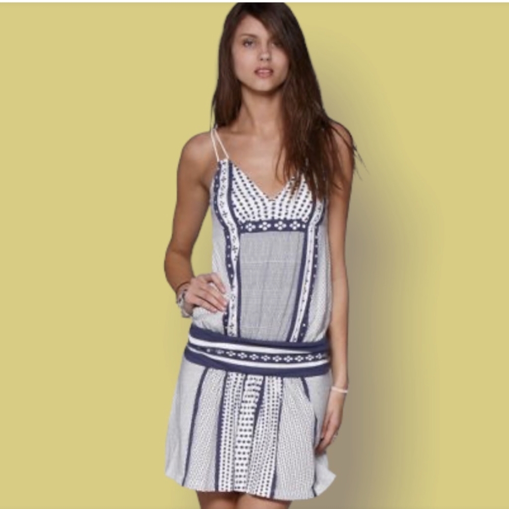 American Eagle Drop Waist Dress Size Large Blue And White Spaghetti Strap Smock